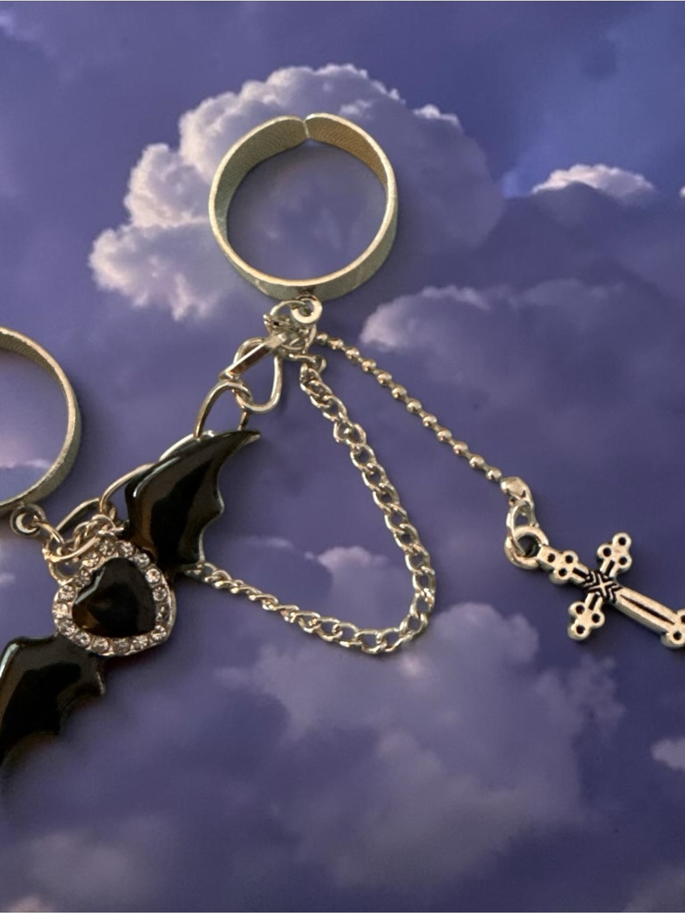 Gothic Bat Wing Heart Chain Keyring with Cross Charm - Black and Silver